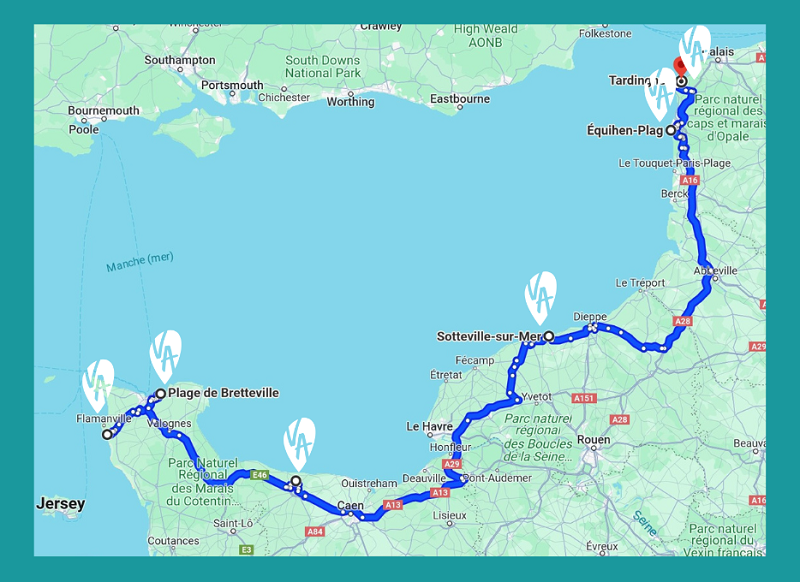 Carte des 6 meilleurs spots pour dormir en van en Normandie et sur la Côte d'Opale